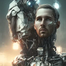 portrait,lionel messi robot, post-apocalyptic in a cyberpunk city, realistic, intriacte detail, sci-fi fantasy style, volumetric lighting, particales,highly detailed,cinamatic, deep colours,8k
