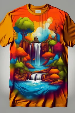Design a t-shirt that features surreal landscapes, such as trees that turn into mystical creatures, waterfalls that flow into the sky, or enchanted forests inhabited by extraordinary beings. Play with unusual colors and abstract shapes to create a unique and evocative design.