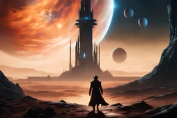 gunslinger walking towards a large tower in a sci-fi world with planets in the sky
