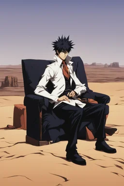 Nicholas Wolfwood Trigun is sitting on a couch in the middle of the desert