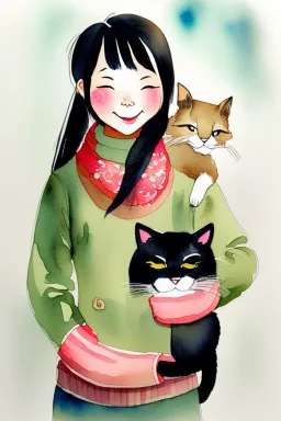 A cute smiling asian girl is holding a cat. Girl is wearing mittens. Watercolour