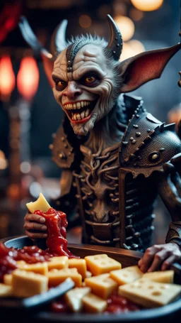 portrait of a vampire werewolf gremlin with mustage eating cheese and the blood of fish on a viking ship, in the style of Giger,bokeh like f/0.8, tilt-shift lens 8k, high detail, smooth render, down-light, unreal engine, prize winning