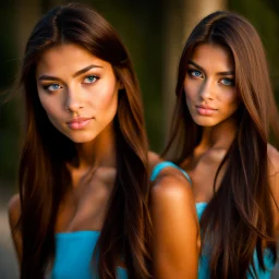 pretty18 year old girl with olive skin and long chocolate brown side swept hair. Blue eyes. bare shoulders,