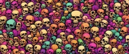 a field of 1000s of cartoonish, anatomically correct, skulls, vivid RANDOM BRIGHT neon colors, dark comedy, well lit, high detail, photorealistic, horrorcore, fun, scary, dead, 100