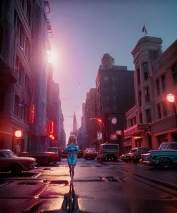 Ultra Realistic retro sci-fi movie San Francisco scene, 1960 year, waist up view portrait, a super giant blonde woman, sweet teenager Jane Fonda face, perfect iris, glow eyes, face makeup, tight latex coat, many people, Retro sci-fi style, soft color, highly detailed, unreal engine 5, ray tracing, RTX, lumen lighting, ultra detail, volumetric lighting, 3d, finely drawn, high definition, high resolution.