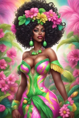 Create a digital airbrush cartoon of a curvy African American female wearing Brazilian carnaval outfit outfit that's pink, green and white. Prominent make up with hazel eyes. Highly detailed very long extremely curly black hair. Her skin is smooth and silky. Background of a judge full of colorful flowers