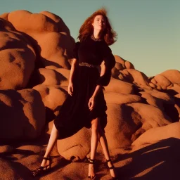 Isane pretty young woman "Top Model" in a stunning maximalist short flowy dark dress, vogue, 8k, ektar, joshua tree, fashion. golden hour cinematic, rebecca guay, frank frazetta.