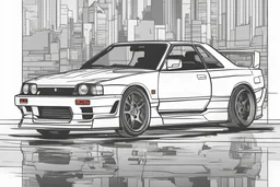 Minimalist line art of a 1989 Nissan Skyline GT-R, thick ink outlines, stark white background, clean and sleek design, high contrast, black and white, minimalist, no shading, thick lines, crisp and clear, professional, artistic style, simple composition, high quality