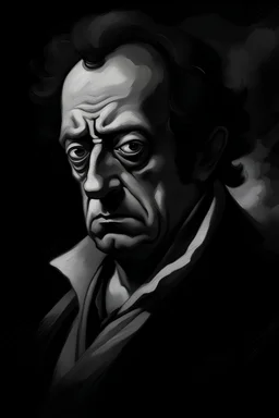 A black and white drawing of a moody, psychologically nervous person in the style of the artist Francisco de Goya