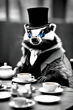 Anthropomorphic European badger wearing a monocle and tophat having a tea party with his animal buddies. Photograph.