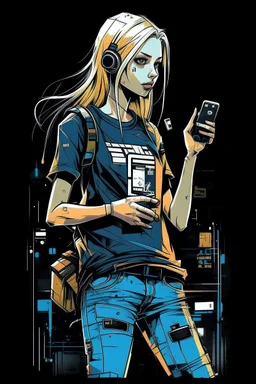 girl, blonde, , cyberpunk, holding a cellphone, comic book art style, geek, engineer, t-shirt, jeans, drug addict, ,