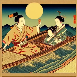 Ukiyo-e styled art, stream, mountain, sun, family on a boat