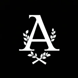 2 branches(crossed at bottom, arching upward in a wreath, delicate hand drawn linework, romantic), Letter A in Middle or wreath, sharp image, white vector on black background