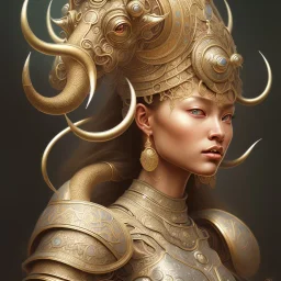 Sango fantasy, fantasy magic, intricate, sharp focus, illustration, highly detailed, digital painting, concept art, matte, art germ and Paul Lewin and Kehinde Wiley, masterpiece silver elephant head bronze Buddha Asian African girl nice breast Hawaiian hair turquoise golden waves