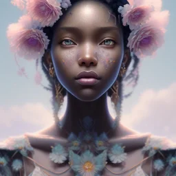 Closeup face portrait of a ebony girl wearing crown of flowers, smooth soft skin, big dreamy eyes, beautiful intricate colored hair, symmetrical, anime wide eyes, soft lighting, detailed face, by makoto shinkai, stanley artgerm lau, wlop, rossdraws, concept art, digital painting, looking into camera