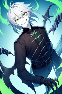 plauge doctor in balck leather clothes with silver hair, pale skin and bright green eyes smiling with sharp teeth, nice young face, male, viscious smile