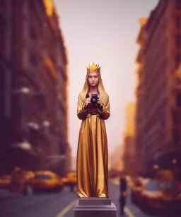 Statue of Queen of photography. Cute blonde woman. Photographer in golden crown. Standing on the street. Big camera in her hand. hyperdetailed, photorealistic, trending on artstation, greg rutkowski, beksinski, kodachrome, lomography, golden hour, bokeh, volumetric light