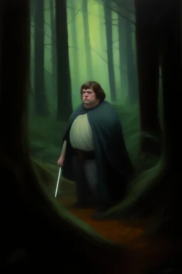 1970's dark fantasy cover dnd style oil painting of obese fat luke skywalker with light saber into the woods with minimalist far perspective