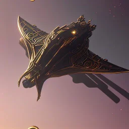 huge ornate spaceship made of brass and black stone flying through space