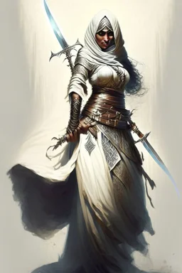 Full body veiled female Arab warrior holding a sword, fantasy, powerful, high quality