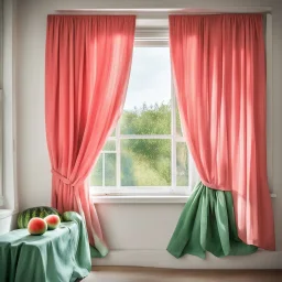 An open white window with watermelon colored curtains and a melon on the windowsill