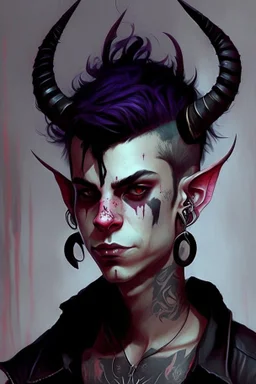 As tiefling teenage boy, he has lots of tattoos and demon horns, he is punk, goth and handsome