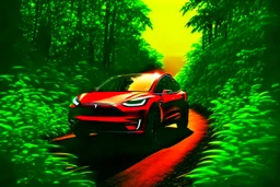 A Tesla's 'Model Y' is racing at top speed, across the 'Jurassic Park' jungle. CINEMATIC. WIDE ANGLE LENS. PHOTO REAL.