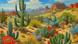 Oil painting of a desert landscape with cacti of various species and colors, some with fruits and/or flowers, low shrubs, and mountains in the background, under a blue sky with clouds. The foreground is dominated by various desert plants, of varying sizes, shades, and shapes, some tall and slender, others with multiple branches. The ground is textured and varied. The overall impression is one of vivid natural beauty.
