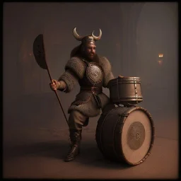 A viking playing on a drum, scary, steam punk, realistic, made in octane, cinematic, ultra-realistic, extremely detailed octane rendering, 8K, VRAY Super Real ar 2:3, dof photorealistic futuristic 50mm lens hard lighting dark gray tintype photograph, realistic lighting, sepia color