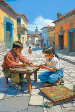 2 maxican childeren playing painting neoclassism in a traditional mexican city