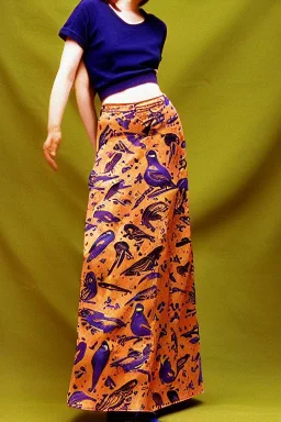 year 1996 denim fashion. Loose skirt, low waist. Combat t-shirt. Colors: denim blue, blue, purple, cream, khaki, light green, lilac, plum, orange, terracotta, red, light yellow, pink, dark blue, beige. Latex in small part. Something between Sturnus vulgaris pattern and lynx lynx prints.. bridget jones and jennifer lopez. Hoodie.