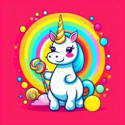 Cute unicorn, eating lollipops with a rainbow in the background l, Character, full scale, with body, lovely, cute, sticker, illustration, vector, smiling, mascot logo style, flat logo, flat colors, epic instagram, artstation, graphic art 3d