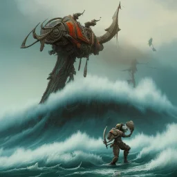 an ibis warrior in orange and green full battle armor, background of giant crashing ocean waves, a highly detailed illustration, realistic render, 8 k, micro detail, intricate, elegant, centered, digital painting, smooth, sharp focus, illustration, artgerm, tomasz alen kopera, peter mohrbacher, donato giancola, joseph christian leyendecker, wlop, boris vallejo