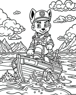 outline art for Paw Patrol Zuma On Water Craft coloring page, Japanese manga style, cartoon style, cute face, white background sketch style, full body is a must, only use outline, clean line art, no shadow, bold outline