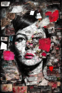 Ultra detailed medium portrait painting of happiness , torn up collage of clippings, beating heart line background, scattered flowers, crumbled Paper, memories on black and white photos, matrix effects, punk visual art, punk art aesthetic, graffiti art, pop surrealism, collage art, cluttered paint glitches