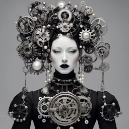 creates a human figure dressed in a structured black garment, including prominent shoulder pads. Instead of a human head, the figure is holding a complex mechanical object. This object appears to be a combination of gears, wheels and other mechanical parts. The mechanical object is adorned with white pearls hanging around it, resembling a necklace or ornament. The background of the image is light grey, which puts the main focus on the figure and the mechanical object. Overall, the image has dark