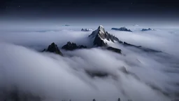 looking down from space at only one single sharp misty mountain cliff coming through the mist and surrounded by the mist at night starry sky. There is crucially only one mountain, do not paint more other peaks in the background.