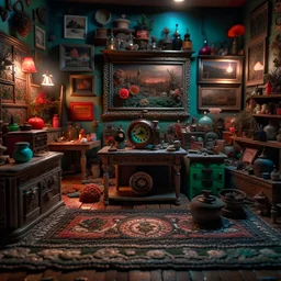 Diorama of old stuff in a room, sharp focus, 8k, 3d, very detailed, volumetric light, grim, very colorful, ornate, 33mm, F/2.8, insanely detailed and intricate, hypermaximalist, super detailed, decadentism