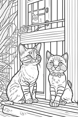 coloring page for kids, Cats on the porch, cartoon style, thick lines, low detail, no shading