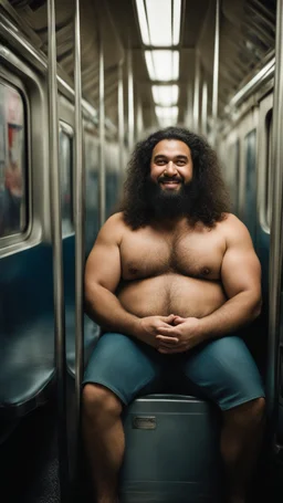 photography of an ugly arab chubby burly muscular strong man 41 years old with long beard, curly hair , sweat, big shoulders. manly chest, hairy , smiling mouth, photorealistic ,big shoulders, shirtless, boxer, barefeet, side light, sitting in a crowded subway wagon , neon lights , barefeet, side light, sitting with open legs inside a crowded subway wagon , neon lights, barefeet, side light, frontal view