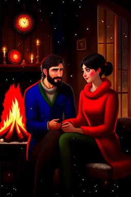 Fire place Christmas scene, dark haired couple, man with short black beard, blue eyes, young couple, graphic