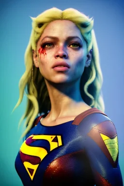 portrait, sweet Shakira, make-up, angry, Realistic image, retro pop, 60s, supergirl, lycra, minimal, blood, sweat, Color background, photo studio, concept art, smooth, unreal engine 5, god lights, ray tracing, RTX, lumen lighting, ultra detail, volumetric lighting, 3d, finely drawn, high definition, 4k.