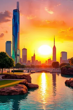 Amazing colorful sunset, buildings, lake, rocks, city, park, cyberpunk, sci-fi, photography