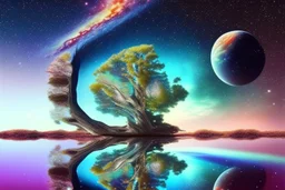 tree, water reflection, galaxy, cosmos, science fiction