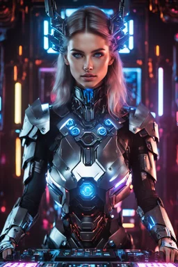 Photography Realistic super model Beautiful European woman as Dj player with body mecha|full armor|organ|mystery|runes|neon|light, imbalances, mutations, anomalies, natural beauty, sound system