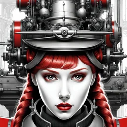 Insanely detailed closeup vintage black-white-and-red portrait of a pale skinned 25yo redhead russian woman with eye shaddow and long eye lashes and a pony tail in a victorian manufacturing plant by CGSociety, awwchang, James Christensen, Pixar, character design, digital illustration, detailed background, Norman Rockwell, Carne Griffiths, Gil Elvgren, Leonardo DaVinci, 8k resolution, Pixar, Lou Xaz, cinema 4d