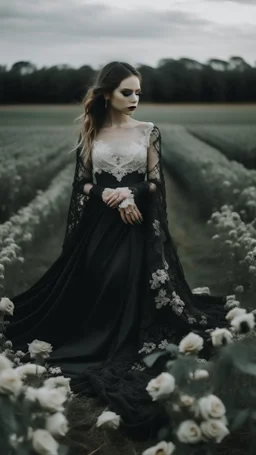 black lace scarf and dirty wedding dress in a field of white roses.cinematic picture