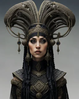 tabletop role-playing miniature of a female noble in the style of giger beksinski phillipe druilett enki bilal alan lee, wearing minoan macrame clothes. full body. concept art hyperrealism