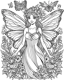 The fairy coloring page cartoon is simple, with bold precise clear lines, no color, white background.