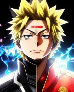 Detailed anime portrait of bakugo from my hero academia, gold hair and golden eyes, black suit, intricate details, full body portrait, keep head in frame, slight smile, black Japanese motif, concept art, highly detailed, digital painting, concept art, sharp focus, illustration, art by Yoji Shinkawa, WLOP and greg rutkowski and alphonse mucha and artgerm and yanjun Chen and Junji ito and Makoto Shinkai, HDR, octane render